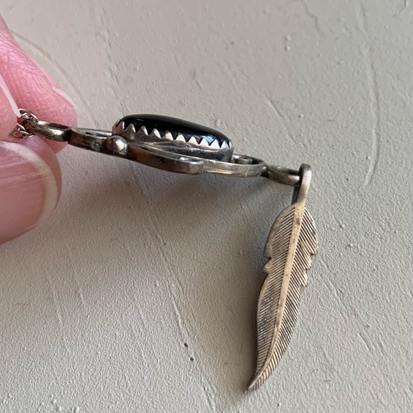 Native American Black Onyx, Sterling Silver Necklace with Feather - Picture 2 of 5